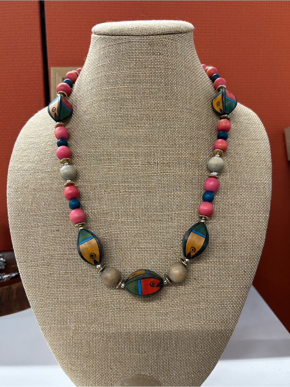 Bohemian wooden fish bead necklace